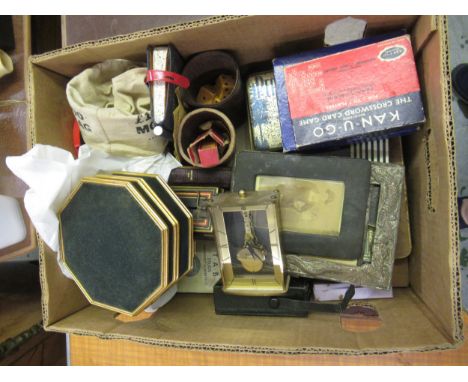 Quantity of various items including dice, cards, mantel clock, moneybox etc 
