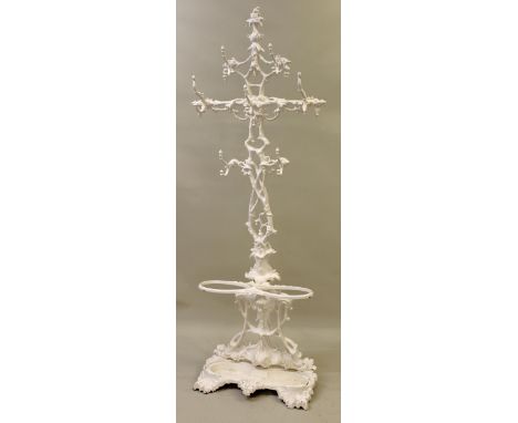 Victorian painted cast iron hat, coat and stick stand of stylised naturalistic and foliate design, Diamond registration marks