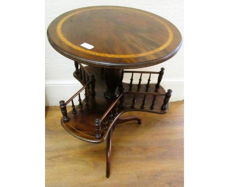 Edwardian mahogany satinwood crossbanded and line inlaid book table, the circular moulded top above a revolving undertier wit