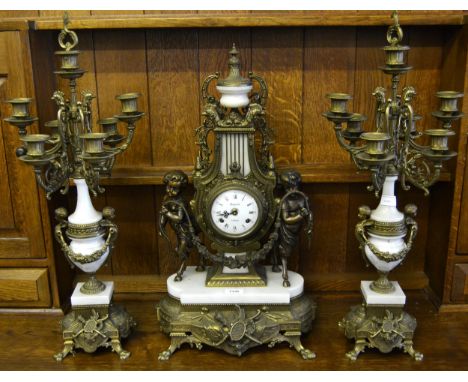 Large reproduction gilt brass and marble three piece clock garniture in 19th Century French style, the lyre shaped clock with