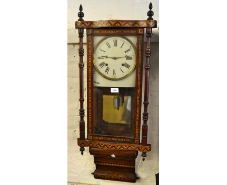 19th Century Vienna style rosewood and marquetry inlaid wall clock having circular dial with Roman numerals and two train mov