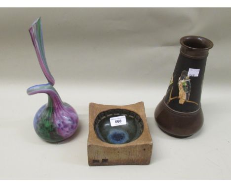 Studio stoneware ashtray, 13cm square, Bretby pottery vase, 22cm high and an art glass vase, 28cm high 