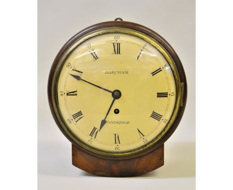 Small George III mahogany drop-dial wall clock, the painted convex dial with Arabic and Roman numerals, signed Barcham, Tonbr