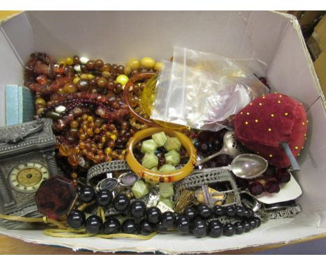 Box containing a quantity of various bead and other necklaces including an enamel buckle and another buckle, Mexican silver n