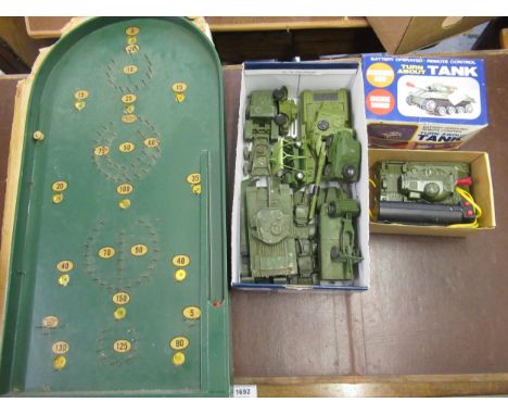 Box containing a small quantity of diecast playworn military vehicles including Dinky, a boxed turnabout tank and a bagatelle