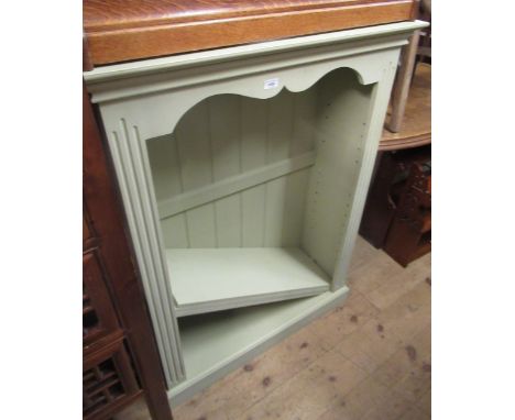 Modern light green painted open bookcase with three adjustable shelves, 122cm high x 92cm wide x 35cm deep 