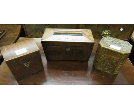 19th Century sarcophagus shaped two division tea caddy and two single division tea caddies (at fault) 