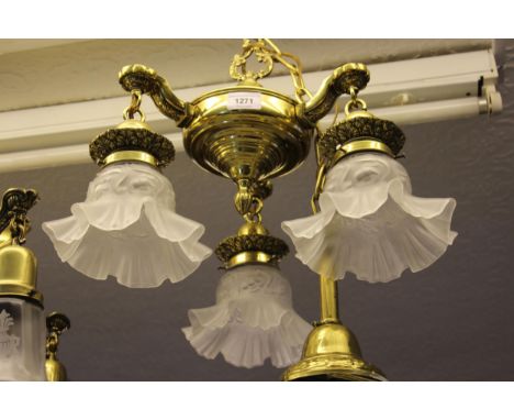 American brass hanging light fitting with three frosted floral decorated glass shades 