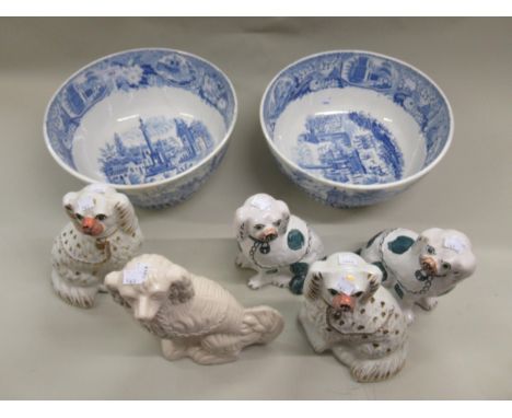 Large 19th Century English blue and white transfer printed bowl decorated with architectural scenes, 35cm diameter, together 