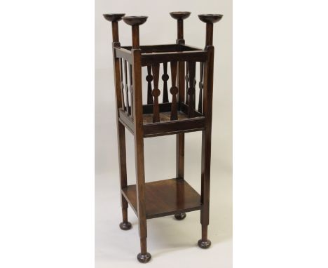 Arts and Crafts mahogany jardiniere stand of square form with undertier and turned supports, 93cm high , 36cm square (purchas