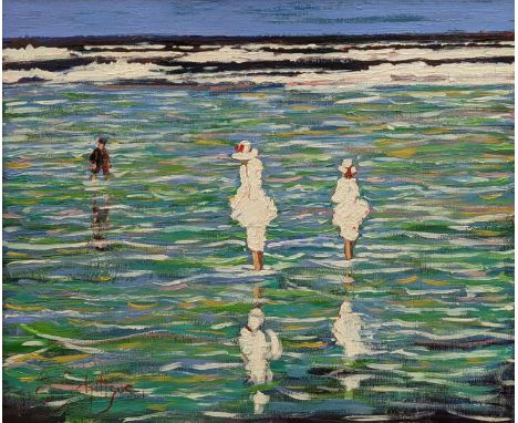 E. Schitigue, oil on canvas, Figures on the shore, signed, 62 x 75cm