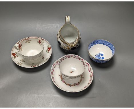 New Hall style study collection: a cream jug pattern 524, a teabowl and saucer with oriental figures, and another teabowl and