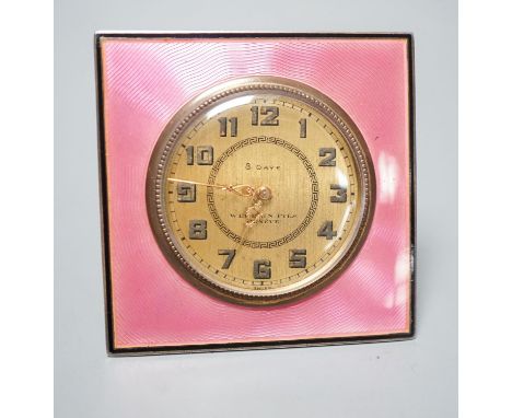 A Swiss 935 white metal and pink guilloche enamel easel timepiece, in original fitted case, 65mm.