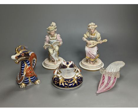 A pair of Royal Crown Derby figures of musicians, c.1905, 15cm, two similar animal paperweights  and a Latticino glass slippe