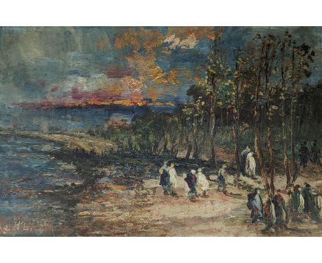 Paul Verona (1897-1966), oil on board, Figures on the shore at sunset, signed, 37 x 56cm, unframed