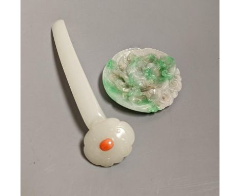 A Chinese pale celadon jade rui sceptre shaped hairpin, 13.5 cms long and a jadeite plaque