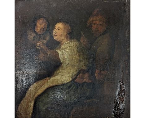 18th century English School, oil on panel, Interior with seated figures, 18.5 x 18cm, unframed