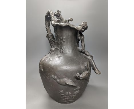 A heavy cast pewter figural ewer, in Art Nouveau style, based on a model by A. Vibert, unsigned, height 45cm