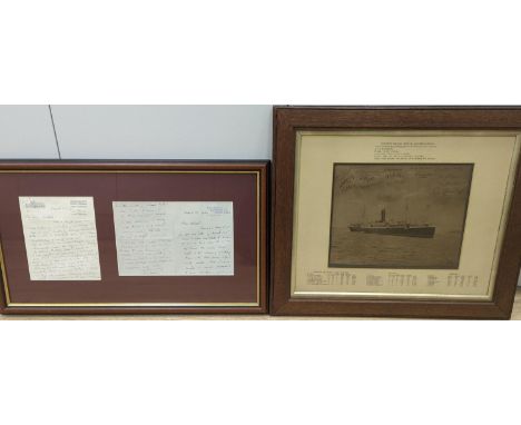 Ashes Cricket memorabilia: England Touring Australia, 1903-4, framed autographs of the England players on a photo of RMS Oron
