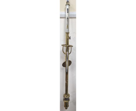 A brass ship's barometer and thermometer with gimbled wall mount, height 100cm
