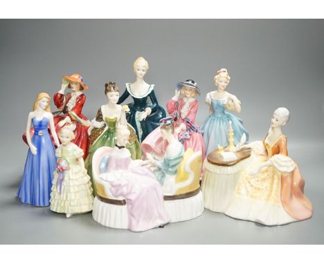 Seven Royal Doulton costume figures and two others Meditation HN2330 and Heart to Heart HN2278 (9)