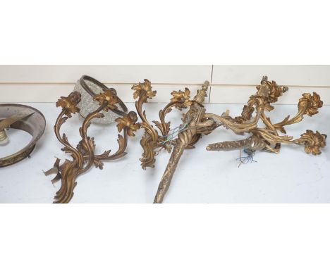 A pair of gilt metal 3 branch wall sconces, a pair of gilt plaster ditto and other light fittings
