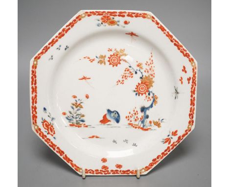 A good Bow octagonal plate painted in kakiemon style with the Two Quail bowl pattern c. 1755-58, 21cm