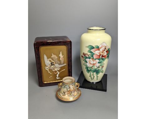 A Japanese cloisonné enamel ovoid vase, by Ando, height 21cm, a small Satsuma pot (lacking cover), and a Japanese lacquered b