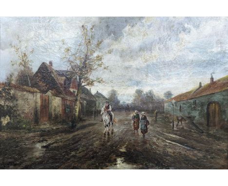 French School, early 20th century, oil on canvas, Figures on a country lane, indistinctly signed, 46 x 68cm