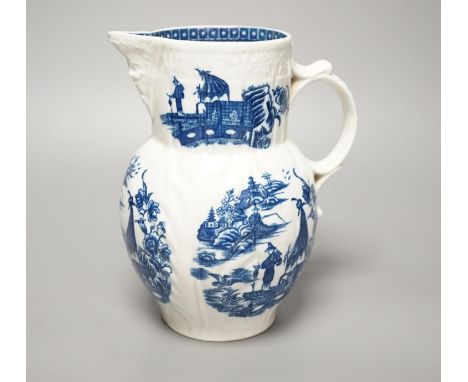 A Caughley mask jug printed with Fisherman pattern, c.1785, S mark, height 19cm