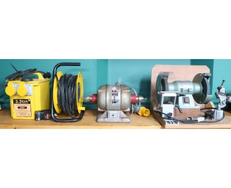A lot to include a Red Wing ball bearing AC motor, a TUV 240V bench grinder, a 110V power tool transformer and a 25 metre spo