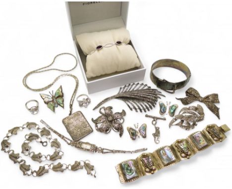 A silver buckle shaped bangle, three Mexican paua shell butterfly brooches, a marcasite monkey brooch, various other marcasit