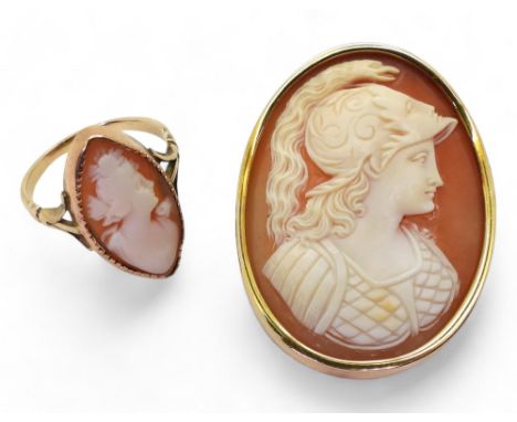 A yellow metal mounted well carved cameo brooch, depicting a Warrior, together with a yellow metal cameo ring, weight togethe