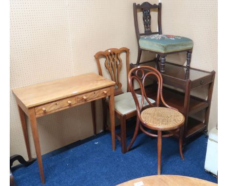 A mixed lot to include two drawer side table, two tier serving trolley, Thonet bentwood chair with cane seat, tapestry uphols