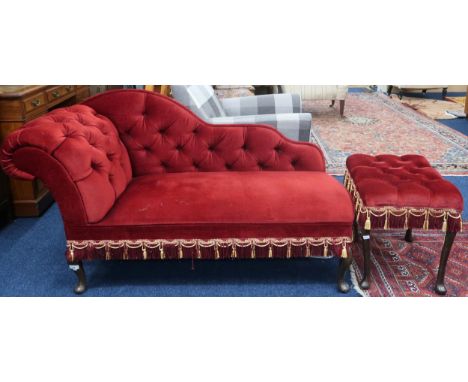 A 20th century red velour button back upholstered chaise longue, 79cm high x 147cm long x 55cm deep and a similarly upholster