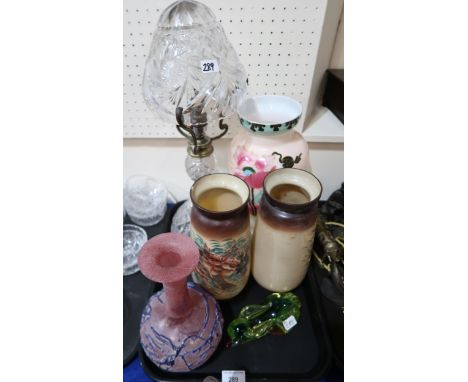 A Murano uranium glass animal, Victorian glass vases, a crystal table lamp etc Condition Report:Available upon request
