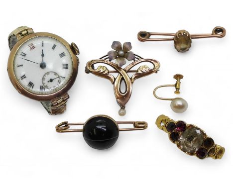A 9ct gold Art Nouveau enamel flower brooch set with pearls, a 9ct onyx brooch, a yellow metal citrine brooch and a 9ct case 