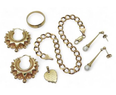 A collection of 9ct and yellow metal to include a pair of decorative hoop earrings, a curb chain bracelet, diamond ring, size