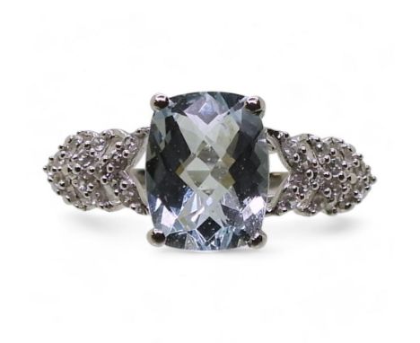 A 9ct white gold aquamarine and zircon set ring, size O, weight 2.7gms, ring by GemsTV. Condition Report:Available upon reque