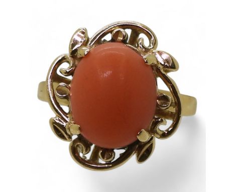 A 14k gold coral set ring, size L1/2, weight 4.2gms Condition Report:Available upon request