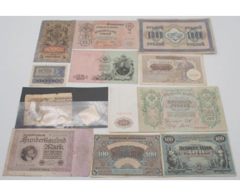 A lot comprising Russian Empire banknotes together with various Reichsbankenote, Bayerische banknote etc Condition Report:Ava