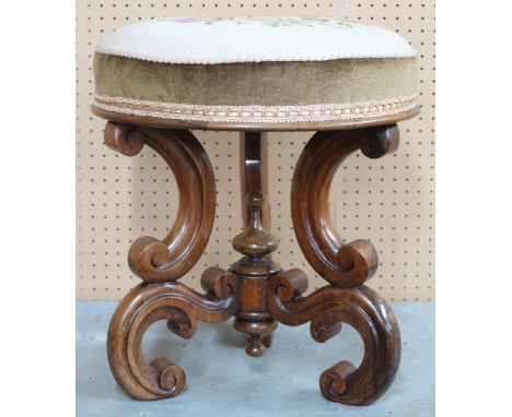 A 19th century rosewood stool with circular tapestry upholstered seat on shaped base, 44cm high x 40cm diameter&nbsp; Conditi