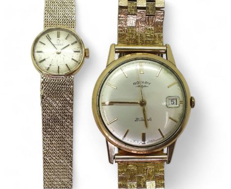 A 9ct gold Omega ladies watch and strap, weight including mechanism 22.3gms, together with a 9ct gold cased gents Rotary watc