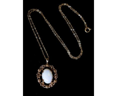 A 9ct gold rose pattern pendant, set with a 14mm x 10mm white opal, on a 9ct 47cm chain, weight 4.4gm Condition Report:Availa