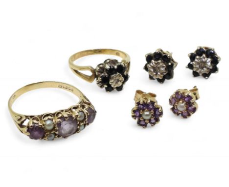 A 9ct gold amethyst and pearl size O, together with similar earrings, a retro 9ct gold sapphire and diamond accent ring size 