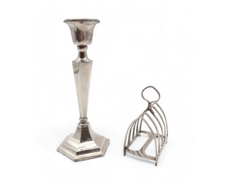 A George V silver candlestick, by James &amp; William Deakin, Chester 1913, of faceted form, (weighted), 20.5cm high, and a s
