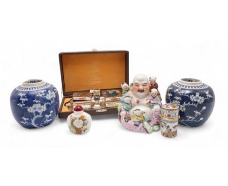 Two Chinese blue and white ginger jars, a figure of Buddha and children, a snuff bottle, a trinket&nbsp; box, a cased Japanes