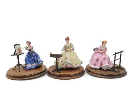 Six Royal Doulton Gentle Arts figures including Flower Arranging, Adornment, Painting, Spinning, Tapestry Weaving and Writing