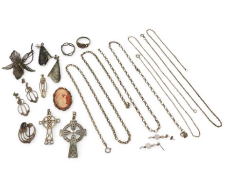 Collection of Silver and White Metal jewellery, including&nbsp; Mackintosh style earrings and pendant, two celtic crosses, ch