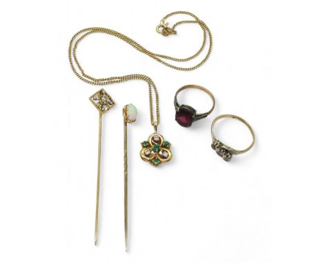 An 18ct gold green gem and diamond pendant and 40cm chain 5.5gms, a yellow metal pearl and diamond lapel pin stamped 14k, wei